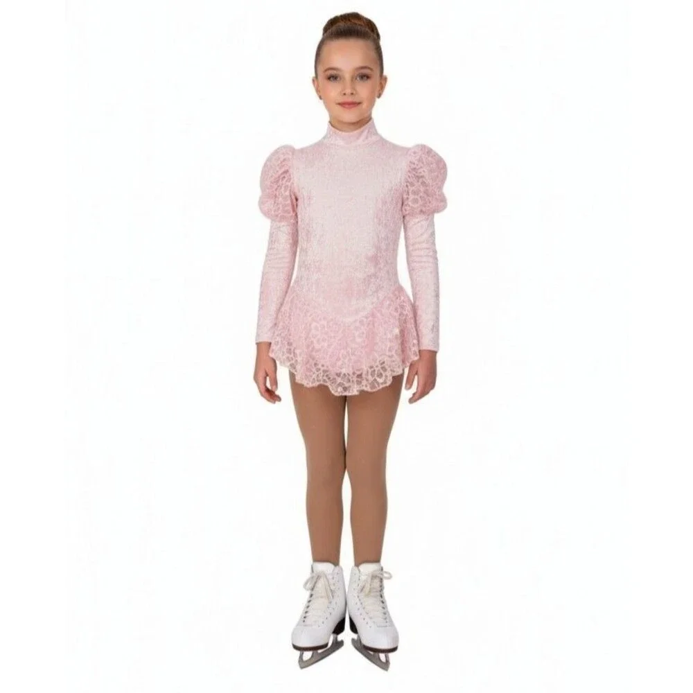 Gilda Marx VTG High Neck Velvet Lace Keyhole Pink Leotard Skate Dress Girl 12/14